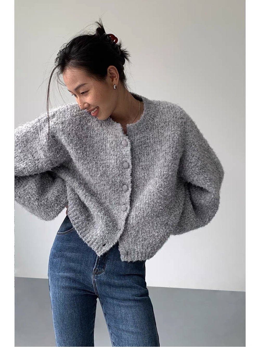Light Grey Bouclé Button-Front Cardigan Sweater